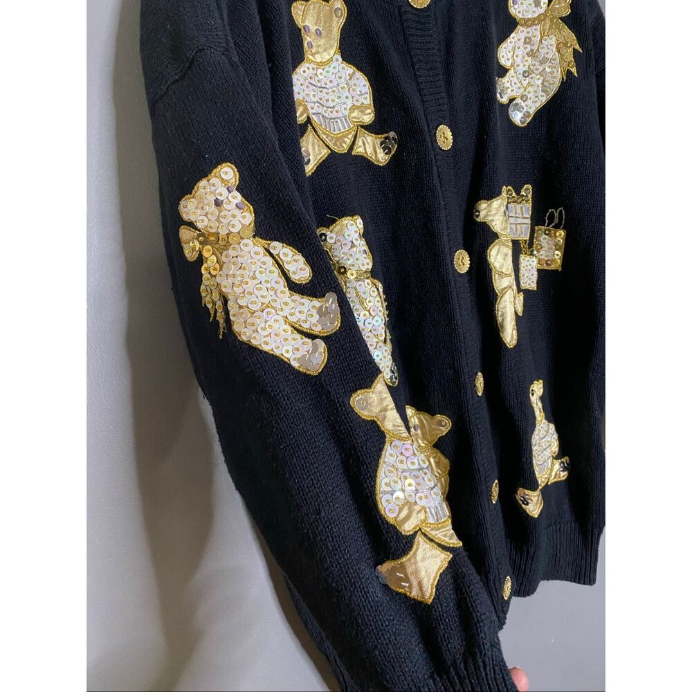 P Galli Black Gold Teddy Bear Vintage Button Up Knit Cardigan Size Medium - Picture 2 of 7